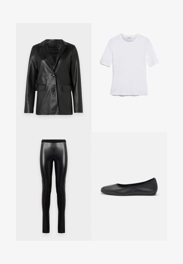 Blazer din piele neagră cu croială adaptată, rever dințat, închidere cu un singur nasture, două buzunare frontale și o textură netedă, lucioasă.; Tricou alb cu mânecă scurtă, confectionat dintr-un material texturat. Gât rotund, tăietură regulară și detalii subtile de cusătură. Fără modele sau grafice.; Colanți din piele ecologică negri, cu o textură netedă, siluetă ajustată și un talie lată. Fără cusături sau modele vizibile.; Balerini din piele neagră, cu vârf rotund, textură netedă, detalii de cusătură minimale și un design al tălpii flexibil.