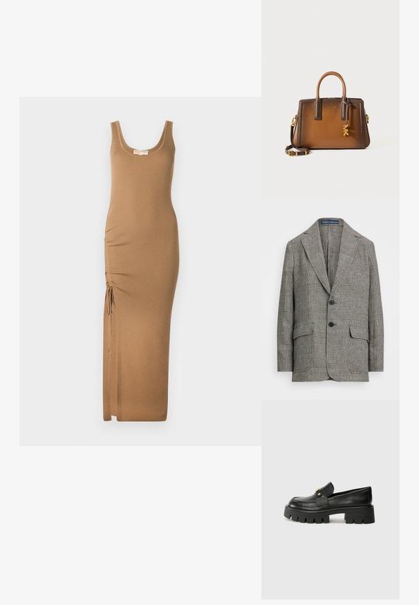 Blazer a quadri in bianco e nero, con rever a coltello, due bottoni e due tasche frontali. Realizzato in tessuto strutturato.; Abito lungo a maglia a coste color marrone chiaro, con scollatura a barco e arricciature laterali regolabili con lacci per una vestibilità perfetta.; Mocassini in pelle nera con suola spessa, caratterizzati da un accento dorato nella parte anteriore e una finitura liscia. Design della suola con profilo spesso.; Borsa a tracolla in pelle marrone con doppio manico superiore, tracolla rimovibile, hardware dorato e un charm decorativo con le lettere "MK".