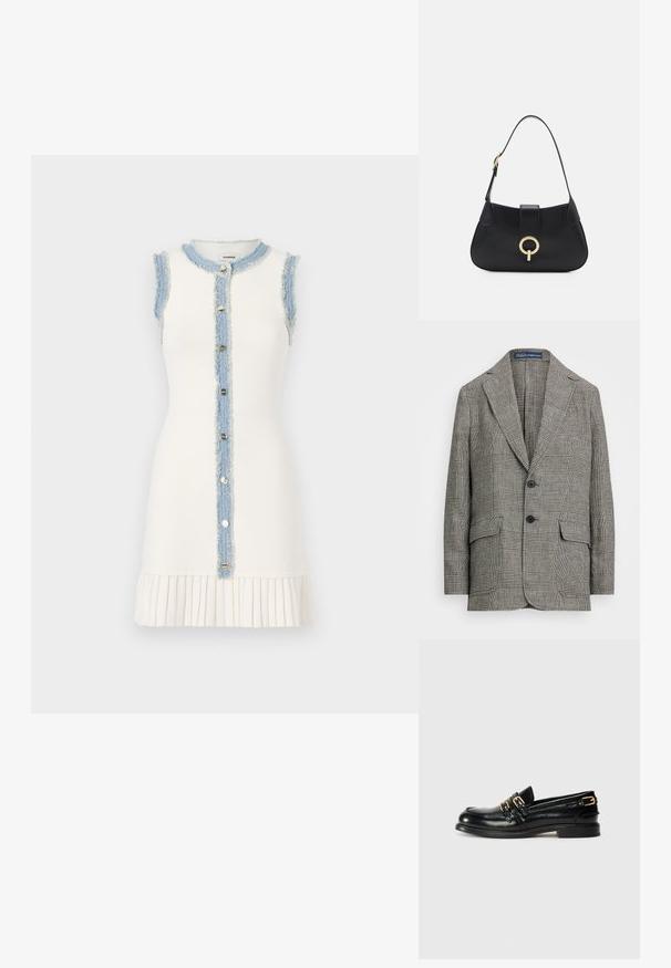 Pārbaudīta žakete melnbaltā krāsā, ar izgrieztu apkakli, diviem pogām un divām priekšējām kabatām. Izgatavota no teksturēta auduma.; Bez piedurknēm balta kleita ar noberztu džinsu paneļa un pogu aizdari uz priekšu, ar piegādātu apakšējo malu, pievēršot uzmanību tekstūrai.; Melnas ādas loafers ar gludu apdari, aprīkoti ar divām zeltītām sprādzēm un zemu papēdi. Gluda tekstūra un noapaļots purngals.; Melna ādas rokassoma ar izliekta siluetu, īsu siksnu, centrālo zelta krāsas aksesuāru un gludu tekstūru. Nav redzamu rakstu vai akcentu.