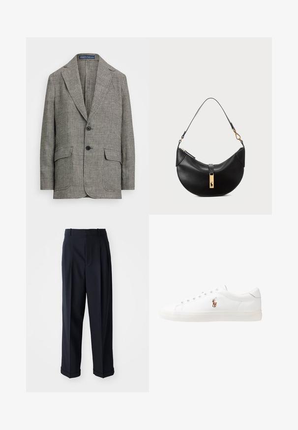 Blazer xadrez em preto e branco, com lapela notched, dois botões e dois bolsos frontais. Feito de tecido texturizado.; Camisa branca de manga longa com colarinho pontudo, feita de algodão. Apresenta um pequeno logotipo bordado no lado esquerdo do peito.; Calças altas de cor marinha feitas de tecido suave. Apresentam um design com pregas e punhos dobrados para um aspeto ajustado.; Sapatilhas de couro brancas, design de cano baixo, com textura suave, biqueira redonda, atacadores à frente e um pequeno logótipo bordado na lateral.; Bolsa de couro preto em forma de meia-lua. Apresenta um detalhe em metais dourados e uma alça estreita. Textura suave, fechamento em zíper na parte superior.