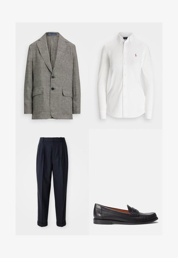 Blazer xadrez em preto e branco, com lapela notched, dois botões e dois bolsos frontais. Feito de tecido texturizado.; Camisa branca de manga longa com colarinho pontudo, feita de algodão. Apresenta um pequeno logotipo bordado no lado esquerdo do peito.; Calças de cor azul-escuro, feitas de um tecido suave, com frente plissada, pernas ajustadas e punhos nos tornozelos. Design ajustado com passantes para cinto.; Polo Ralph Lauren CALFSKIN PENNY LOAFER - Sapatos sem atacadores - black