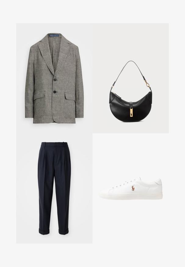 Marynarka w kratę w czarno-białym kolorze, z klapami, dwoma guzikami i dwoma przednimi kieszeniami. Wykonana z teksturowanej tkaniny.; Biała koszula z długim rękawem na guziki z ostrym kołnierzykiem, wykonana z bawełny. Posiada małe haftowane logo po lewej stronie klatki piersiowej.; Ciemnonawowe spodnie uszyte z gładkiego materiału, z plisowanym przodem, zwężanymi nogawkami i mankietami przy kostkach. Dopasowany krój z szlufkami na pasek.; Białe skórzane sneakersy, niskoprofilowy design, charakteryzujące się gładką fakturą, okrągłym noskiem, sznurowanym przodem i małym haftowanym logo z boku.; Czarna skórzana torebka w kształcie półksiężyca. Ma złote akcenty i wąski pasek. Gładka tekstura, zamek błyskawiczny na górze.