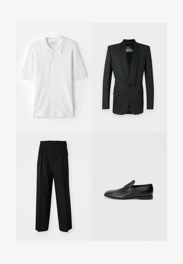 Must ülikonnajakk satiinist sallkraega, ühe nupuga kinnitusega, kahe eesmise taskuga ja peene tekstuuriga. Sildilt näha Vivienne Westwood.; Valge polo särk, millel on tekstureeritud ribakangas, krae ja kolm väikest esist nuppu. Lühikesed varrukad ja sirge alläär.; Mustad volditud püksid sirge ja laia säärega disainiga. Valmistatud siledast kangast, millel on nuppudega sulgemine ja vööaasad.; Must musta libisemisega king, millel on terav varvas, sile tekstuur ja tagasihoidlik bränding küljel. Madal konts puhta ja minimalistliku disainiga.