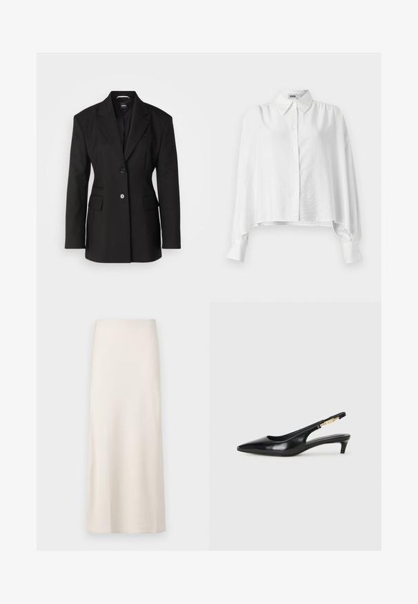 BOSS JOKELA - Palton scurt - black; Cămașă albă cu nasturi, cu o croială lejeră, având un guler larg, mâneci lungi și un tiv ușor scurtat. Material fin, ușor.; Fustă cu o nuanță crem, de lungime midi, cu o textură netedă, asemănătoare satinului și cu un croi drept. Fără modele vizibile sau embellishments.; Sandale slingback din piele neagră cu vârf ascuțit, având un toc subțire și un accent de culoare aurie pe curea ajustabilă. Textură netedă.