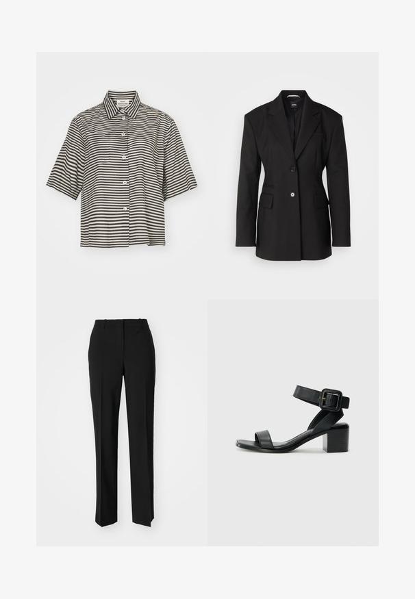 BOSS JOKELA - Short coat - black; Mads Nørgaard COLIN LORELLA - Button-down blouse - black; Black tailored trousers with a straight-leg design, featuring a smooth texture and crisp creases along the front. No visible hardware.; Black leather heeled sandal with adjustable ankle strap, open toe design, and a square block heel. Smooth texture, minimalistic style.