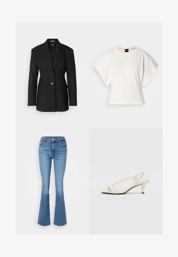 BOSS JOKELA - Pitkä takki - black; Valkoinen lyhythihainen t-paita, leveät lyhyet hihat, pehmeää puuvillamateriaalia, pyöreä pääntie jossa hienovarainen oranssi reunus, minimaalinen muotoilu, ei kuvioita tai graafisia elementtejä.; Valkosiniset leveät farkut, valmistettu denimistä. Ominaisuuksiin kuuluvat korkea vyötärö, viisi taskua ja yksi etunappivaihdon suljenta.; Beige sandaalit, joissa on loiva korko, ohuet hihnat ja neliönmallinen varvasosa. Sileä materiaali, jossa on minimaalista yksityiskohtaa, suunniteltu helppokäyttöiseksi.