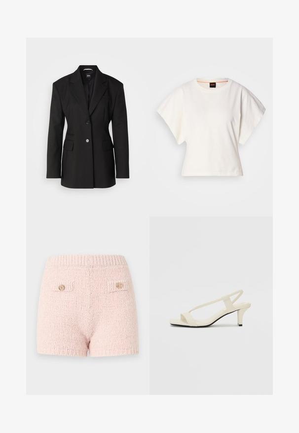 BOSS JOKELA - Krátký kabát - black; Bílý zkrácený T-shirt, krátké široké rukávy, měkký bavlněný materiál, kulatý výstřih s jemným oranžovým lemováním, minimalistický design, bez vzorů nebo grafik.; Růžové pletené šortky s texturovaným tkaním, vybavené dvěma zadními kapsami a dekorativními zlatými knoflíky na klopách kapes.; Krémové sandály na bloku s tenkými popruhy a čtveratou špičkou. Hladký materiál s minimálními detaily, navržené pro snadné nošení.