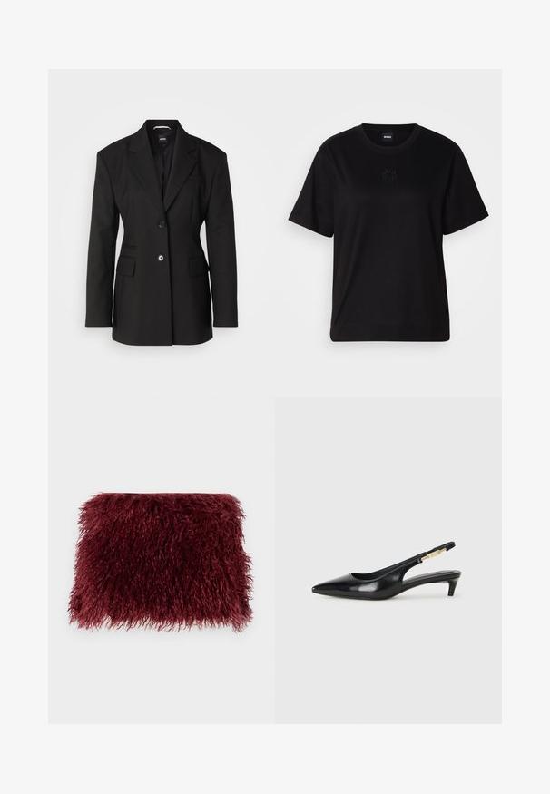 BOSS JOKELA - Rövid kabát - black; Fekete pamut póló kerek nyakkivágással, rövid ujjakkal és hímzett logóval a mellkasán. Egyszerű, laza szabás, minta nélkül.; Burgundiszínű szőrméből készült clutch táska, amelynek texturált, bolyhos felülete van és téglalap alakú, puha, hosszú szálakkal az egész táska felületén.; Fekete bőr slingback magassarkúk, hegyes orral, vékony sarkakkal és arany színű részlettel a állítható pánton. Simа felület.