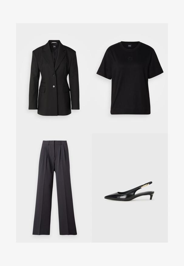 BOSS JOKELA - Īss mētelis - black; Melna kokvilnas T-krekls ar apaļu izgriezumu, īsām piedurknēm un izšūtu logotipu uz krūtīm. Vienkāršs, brīvs piegriezums bez rakstiem.; Plati kāju bikses tumši pelēkā audumā. Ar krokiem jostas daļā, pieguļošu jostu un gludu tekstūru. Nav redzamu rakstu vai aparatūras.; Melnas ādas slingback zābaki ar smailu purngalu, ar šauru papēdi un zelta krāsas akcentu uz regulējama siksniņas. Gluda tekstūra.
