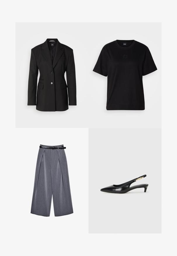 BOSS JOKELA - Krátký kabát - black; Černé bavlněné tričko s kulatým výstřihem, krátkými rukávy a vyšitým logem na hrudi. Jednoduchý, volný střih bez vzorů.; Široké šedé kalhoty s předními záhyby a černým pásem, vyrobené z hladkého materiálu, vystavené na bílém pozadí.; Černé kožené boty na podpatku s otevřenou patou a špičatou špičkou, s tenkým podpatkem a zlatým akcentem na nastavitelném pásku. Hladký povrch.