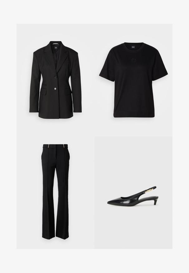 BOSS JOKELA - Puspaltis - black; Juodas medvilninis marškinėliai su apvalia iškirpte, trumpomis rankovėmis ir siuvinėjimu ant krūtinės. Paprastas, laisvas siluetas be raštų.; LIU JO PANT FIT AND FLARE - Kelnės - nero; Juodas odinis pavasario batelių modelis su smailiu nosiu, turintis siaurą kulniuką ir auksinės spalvos akcentu reguliuojamoje juostoje. Lygi tekstūra.