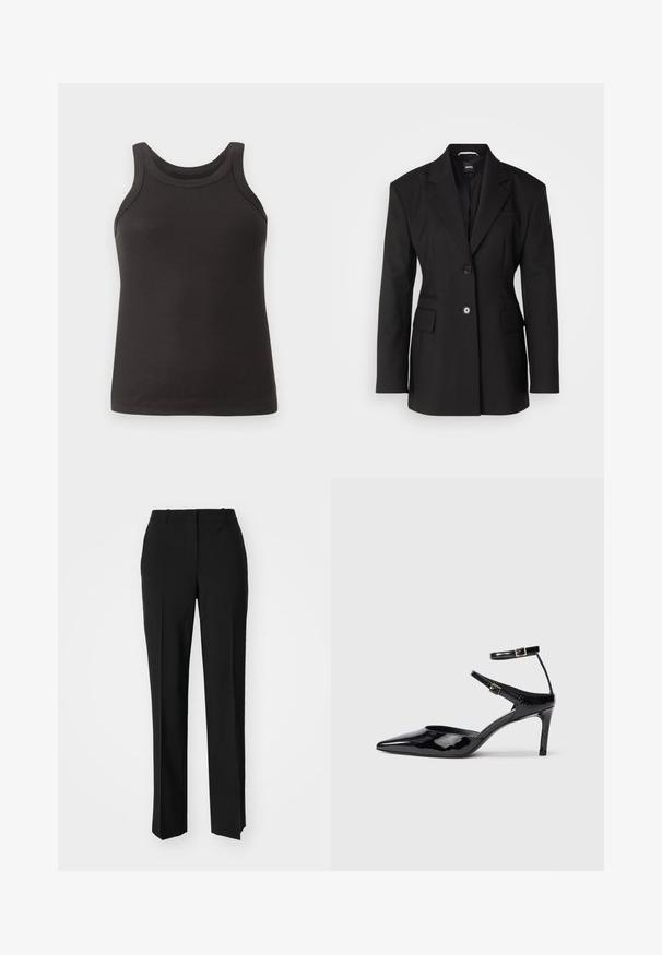 BOSS JOKELA - Κοντό παλτό - black; Μαυρο ριμπ μπουστάκι με στρογγυλή λαιμόκοψη και φαρδείς ιμάντες. Κατασκευασμένο από μαλακό, ελαστικό ύφασμα, με λεπτή εφαρμογή.; Μαύρο παντελόνι με ραφή που έχει σχεδιασμό ίσιας γραμμής, διαθέτει λεία υφή και καθαρές πτυχώσεις κατά μήκος της μπροστινής πλευράς. Χωρίς ορατό μεταλλικό υλικό.; Μαύρα παπούτσια με λουστρίνι δέρμα, με μυτερή μύτη, ρυθμιζόμενα λουράκια στον αστράγαλο και λεπτό τακούνι. Λεπτή υφή με γυαλιστερό φινίρισμα.