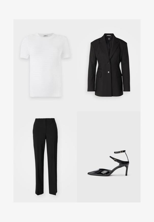 BOSS JOKELA - Īss mētelis - black; Balta īsām piedurknēm t-krekls, izgatavots no struktūrēta auduma ar ribotu rakstu. Dizainā ietilpst apaļa kakla izgriezums un taisna piegriezuma forma.; Melnas pielāgotas bikses ar taisnu kāju dizainu, kas raksturojas ar gludu faktūru un asiem krokām pa priekšu. Nav redzamu metāla detaļu.; Melnas lakuotas ādas apavus ar smailu purngalu, regulējamiem potīšu siksniņām un šahtu papēdi. Gluda tekstūra ar spīdīgu apdari.