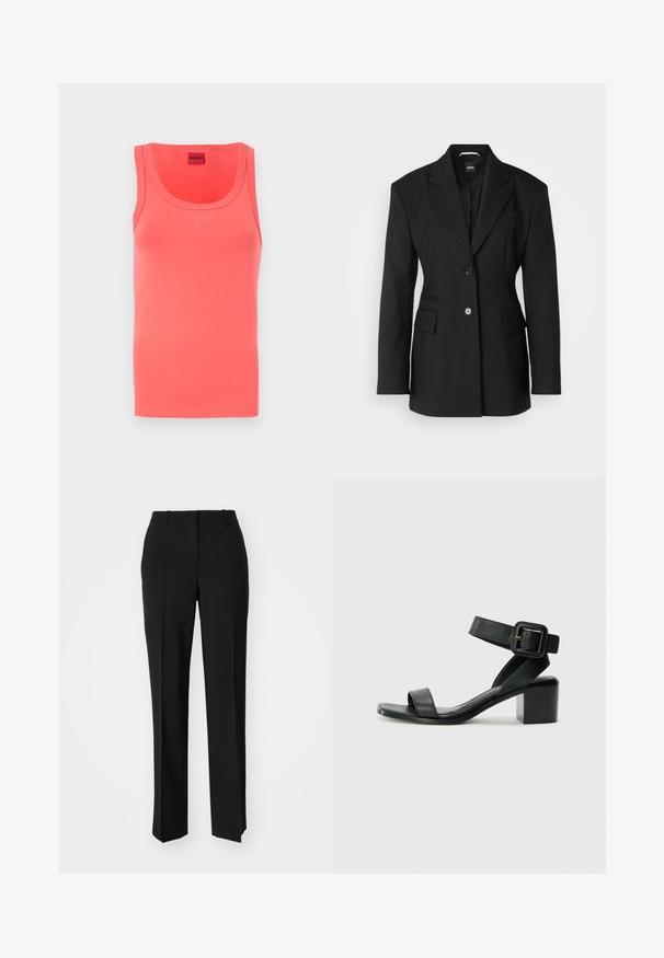 BOSS JOKELA - Krátky kabát - black; Korálový top s okrúhlym výstrihom a priliehavým strihom. Obsahuje embosované logo "HUGO" v zodpovedajúcej farbe na prednej časti. Mäkký materiál.; Čierne krajčírské nohavice so strihom rovného nohu, s hladkou textúrou a ostrými skladmi pozdĺž prednej časti. Žiadne viditeľné hardvér.; Čierne kožené sandále na podpätku s nastaviteľným popruhom okolo členka, otvorenou špičkou a štvorcovým blokovým podpätkom. Hladká textúra, minimalistický štýl.