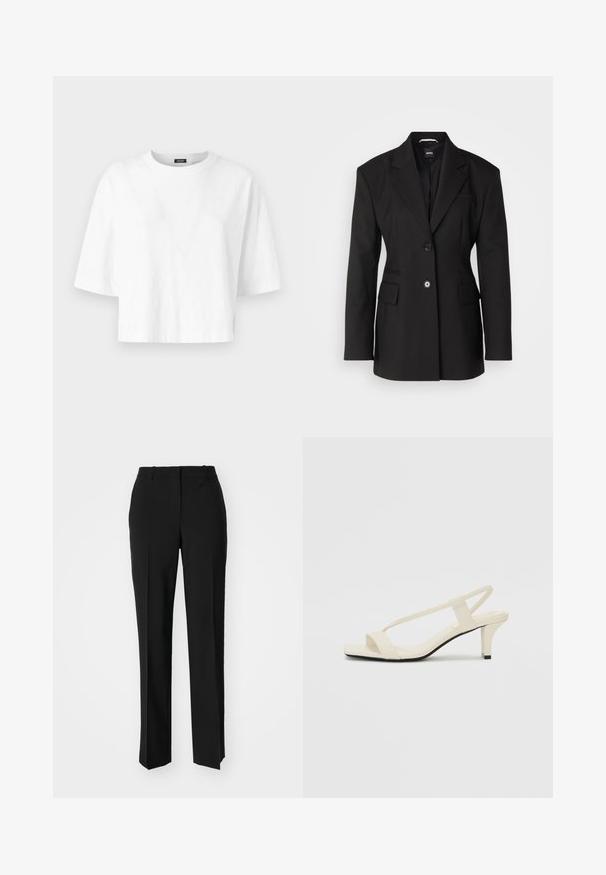 BOSS JOKELA - Krátký kabát - black; Bílý bavlněný zkrácený tričko s kulatým výstřihem a krátkými rukávy. Obsahuje jemný embosovaný vzor po celém materiálu.; Černé kalhoty na míru se střihem do rovna, které mají hladkou texturu a ostré sklady na přední straně. Bez viditelného kování.; Krémové sandály na bloku s tenkými popruhy a čtveratou špičkou. Hladký materiál s minimálními detaily, navržené pro snadné nošení.