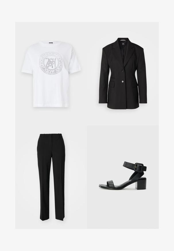 BOSS JOKELA czarny; Biała bawełniana koszulka z okrągłym dekoltem i krótkimi rękawami. Posiada srebrny okrągły logo na środku z misternymi detalami.; Czarne spodnie o dopasowanym kroju z prostymi nogawkami, o gładkiej fakturze i wyraźnych zagięciach z przodu. Bez widocznych elementów metalowych.; Czarne skórzane sandały na obcasie z regulowanym paskiem na kostkę, otwartym noskiem i kwadratowym obcasem. Gładka faktura, minimalistyczny styl.