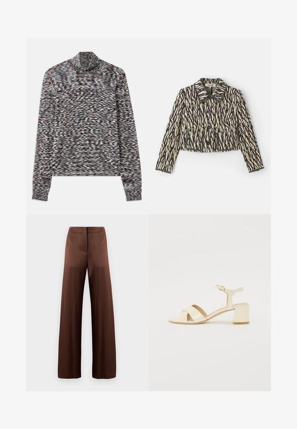 Skórzana kurtka w kremowym kolorze z czarnym abstrakcyjnym wzorem. Posiada kołnierz, zapięcie na guziki oraz dwie przednie kieszenie z dekoracyjnym przeszyciem.; Sweter z długim rękawem i golfem, wykonany z teksturowanej dzianiny, z wielokolorowym wzorem w odcieniach brązu, czerni i bieli.; Brązowe spodnie o szerokich nogawkach wykonane z gładkiego, lekkiego materiału, z płaskim przodem, bez kieszeni i prostym krojem.; Beżowe sandały na obcasie z lakierowanej skóry z krzyżowym paskiem, otwartym noskiem, regulowanym paskiem na kostkę i blokowym obcasem. Gładka faktura.