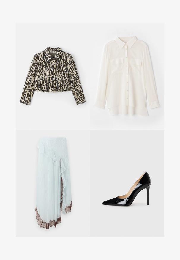 Giacca tagliata in crema con motivo astratto nero. Presenta un colletto, chiusura con bottoni e due tasche anteriori con cuciture decorative.; Camicia bianca a maniche lunghe realizzata in tessuto leggero. Presenta un colletto classico, due tasche sul petto e un orlo posteriore leggermente più lungo.; Gonna avvolgente azzurro chiaro con strisce bianche verticali, caratterizzata da un bordo arricciato e un intricata bordatura in pizzo marrone all'orlo.; Décolleté in pelle verniciata nera con design a punta e silhouette elegante. Presenta una finitura liscia e lucida e un tacco a stiletto sottile.