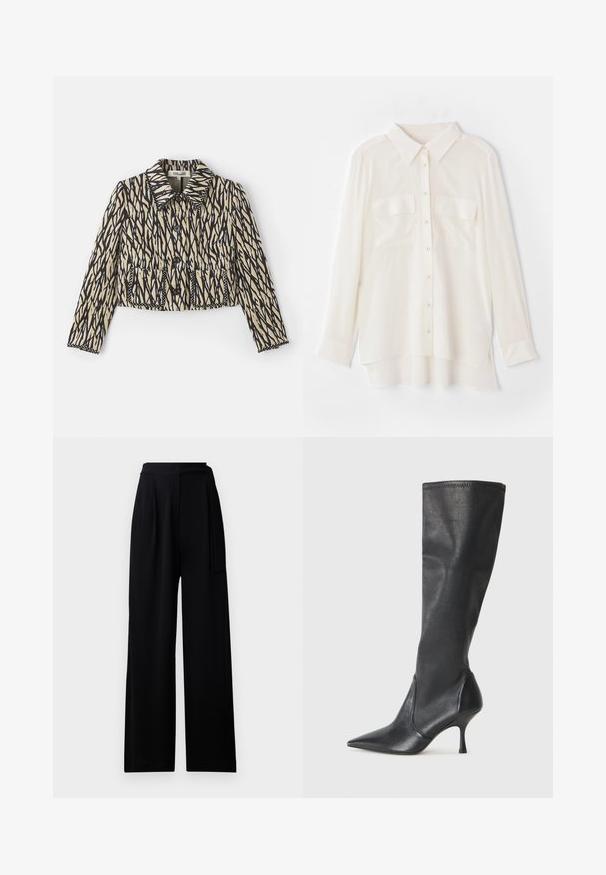 Gekürzte Jacke in Creme mit schwarzem abstraktem Muster. Verfügt über einen Kragen, einen Knopfverschluss und zwei vordere Taschen mit dekorativer Naht.; Weißes Hemd mit Knöpfen aus leichtem Stoff. Es hat einen klassischen Kragen, zwei Brusttaschen und einen leicht längeren hinteren Saum.; Schwarze weit geschnittene Hosen aus weichem Stoff, mit einem hohen Bund und einem passenden Bindegürtel, sie haben eine glatte Textur und keine sichtbaren Muster.; Knöchelhoche schwarze Lederstiefel mit einer spitzen Zehe und einem schlanken Stiletto-Blockabsatz. Glatte Textur mit einer enganliegenden Passform und Nähten am oberen Rand.