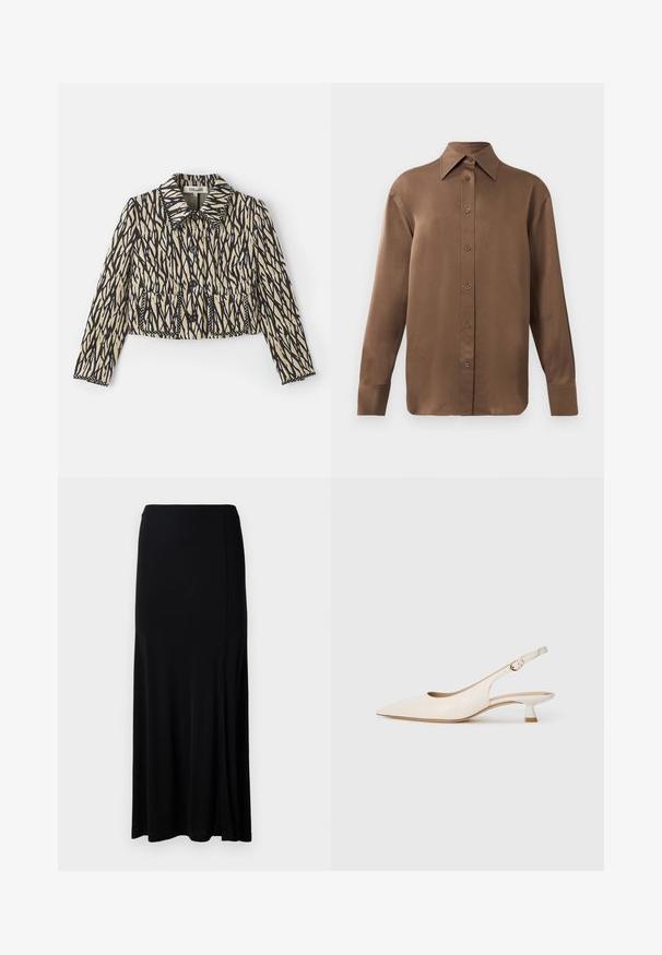 Švarkas, trumpintas, kreminės spalvos su juodu abstrakčiu raštu. Yra apykaklė, mygtukų uždarymas ir dvi priekines kišenes su dekoratyviniu siuvinėjimu.; Ruda ilgų rankovių marškiniai su sagomis ir smailiais apykakle bei rankogaliais, išdėstyti prieš paprastą baltą foną.; Juoda maksi sijonas, pagamintas iš lygaus audinio, su šone esančiu įpjovimu, elastine juosta ir tiesiu kirpimu minimalistiniam dizainui.; Grietos spalvos smailianosiai slingback bateliai su žemu kitten kulnu ir auksine sagtimi ant vienodo balto fono.