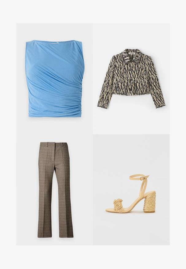 Cropped jacket in cream with black abstract pattern. Features a collar, button closure, and two front pockets with decorative stitching.; Blue sleeveless top made of soft fabric featuring draped ruching on one side, with a round neckline and smooth texture.; Brown plaid trousers with a straight leg cut, featuring a textured fabric and subtle colors of beige and darker browns throughout the pattern.; Beige high-heeled sandal with a braided texture, featuring a decorative flower and ankle strap. Square-shaped heel adds stability.