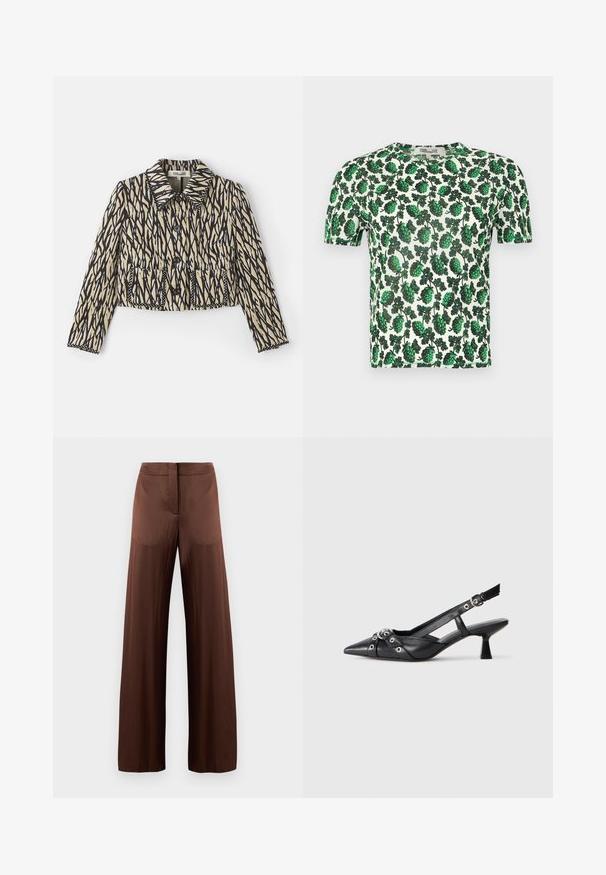 Cropped jacket in cream with black abstract pattern. Features a collar, button closure, and two front pockets with decorative stitching.; Green floral short-sleeve top featuring large leafy patterns on a white background, made from a lightweight, stretchy material.; Brown wide-leg trousers made of smooth, lightweight fabric, featuring a flat front, no pockets, and a straight silhouette.; Black leather slingback shoe with a pointed toe, decorative straps featuring metal eyelets, and a low block heel. Textured surface.