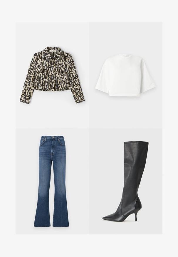 Skórzana kurtka w kremowym kolorze z czarnym abstrakcyjnym wzorem. Posiada kołnierz, zapięcie na guziki oraz dwie przednie kieszenie z dekoracyjnym przeszyciem.; Biała, krótka koszulka z luźnym krojem, krótkimi szerokimi rękawami, okrągłym dekoltem i bocznymi szwami, wykonana z miękkiego bawełnianego materiału.; Dzwony z niebieskiego denimu o wysokim stanie. Posiada pięć kieszeni, zapięcie na guzik oraz subtelne wyblaknięcia na końcach.; Czarne skórzane botki do kolan z ostrym noskiem i wąskim obcasem w szpilkę. Gładka tekstura z dopasowanym krojem i przeszyciem na górnej krawędzi.