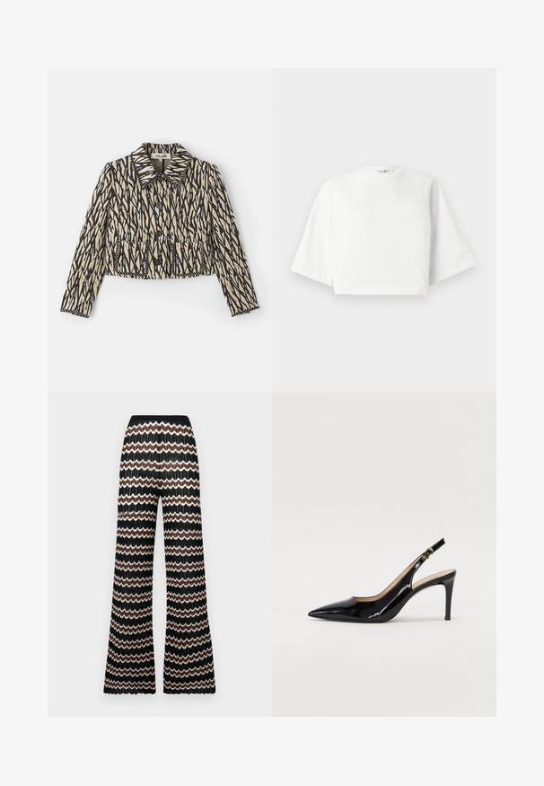 Geknipte jas in crème met zwart abstract patroon. Beschikt over een kraag, knoopsluiting en twee voorzakken met decoratieve stiksels.; Witte, cropped t-shirt met een relaxte pasvorm, korte brede mouwen, ronde halslijn en zijsplitten, gemaakt van zacht katoen.; Gebreide flare-broek met een zigzagpatroon in zwart, wit en bruin. Beschikt over een textuurafwerking en een elastische tailleband.; Zwarte gepatineerde leren slingback pump met een puntige neus, slanke hak en een subtiel uitgesneden ontwerp. Bevat een gouden gesp op de band.