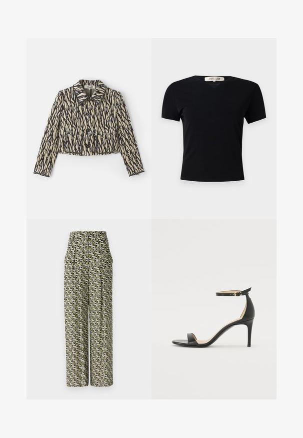 Afskåret jakke i creme med sort abstrakt mønster. Har krave, knaplukning og to frontlommer med dekorativ syning.; Sort kortærmet t-shirt med V-halsdesign, lavet af et glat, strækbart stof. Har en enkel, klassisk silhuet uden udsmykninger.; Diane von Furstenberg BELLINI PANTS - Bukser - green; Sort læder højhælede sandaler med ankelrem. Har en glat tekstur, åben tå og en tynd hæl. Guldtonet spænde detalje.
