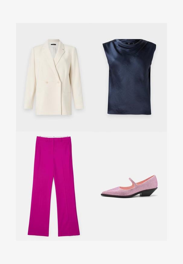 Theory Blazer - rice; Marineblaues ärmelloses Oberteil mit einem cowl-neck Design, aus glattem, leicht glänzendem Stoff, mit einem lockeren Schnitt und ohne sichtbare Beschläge.; Fuchsia Hosen mit weitem Bein und glatter Textur, ausgestattet mit Fronttaschen und einem taillierten Design für ein strukturiertes Erscheinungsbild.; Rosa, mit Strass verziert, Mary Jane Schuh mit spitzem Zehenbereich, offenen Seiten und einem niedrigen, schrägen schwarzen Absatz. Glatte Innenauskleidung.