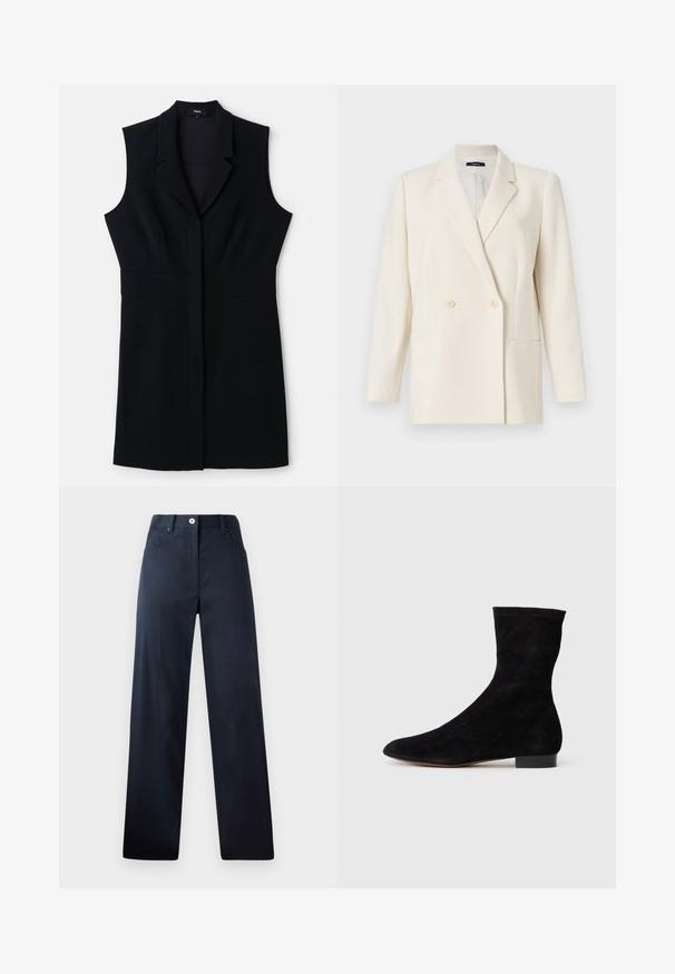 Theory Suknjič - rice; Črna brezrokavna blazer obleka s prilagojenim krojem, ki vsebuje zarezni ovratnik in enojno sprednjo zapiranje. Gladek material in minimalističen dizajn.; Temno modri hlače s ravnim krojem, narejene iz gladkega materiala. Imajo sprednje žepe, zaklep na gumb in subtilne detajle šivanja.; Črne semiš gležnjarje z oblikovanim zgornjim delom, koničastim nosom in nizko blok peto. Gladka textura in minimalističen dizajn, primerna za vsestransko stiliziranje.