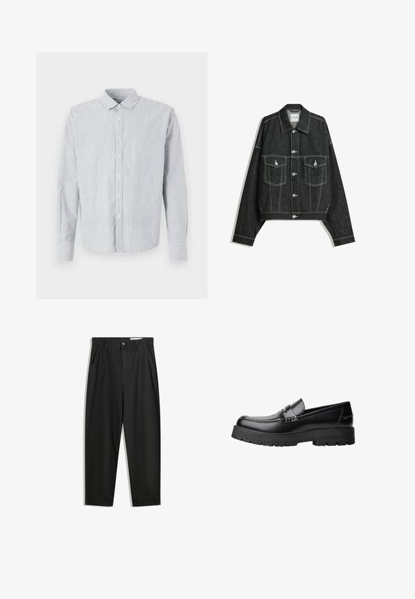 Mörk denimjacka med en kortad snitt, kontrasterande vit sömnad, två bröstfickor och silverfärgade tryckknappar fram.; Randig skjorta med krage, långa ärmar och rak silhuett. Färgerna inkluderar vitt och olika nyanser av blått.; Svarta bomullsshorts med avslappnad passform, med en klassisk midja, framveck och sidfickor. Slät textur utan mönster.; Svart läderloafer med kraftig mönstrad sula och dekorativ rem över framtill, visad i vänster sidoprofil på vit bakgrund.