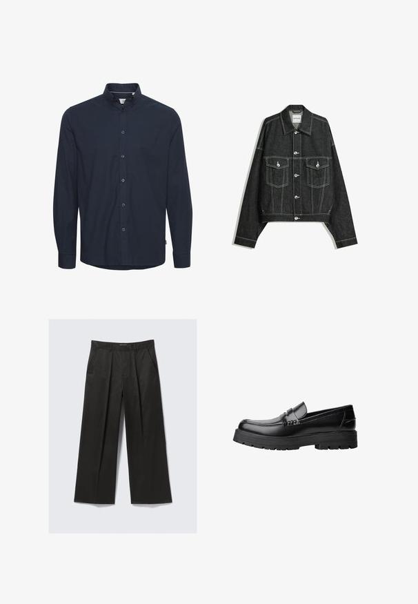 Donkerdenim jasje met een cropped snit, contrasterende witte stiksels, twee borstzakken en zilveren drukknoopjes aan de voorkant.; Navyblauwe shirt met lange mouwen van katoen. Voorzien van een button-down kraag, knopen aan de voorkant en standaard manchetten. Glad van structuur zonder patronen.; Zwarte broek met wijde pijpen en een gladde textuur, met twee voorkruiken en een iets hoge tailleband.; Zwarte leren loafer met een chunky profielzool en een decoratieve band over de bovenkant, weergegeven in het linkerzijprofiel op een witte achtergrond.