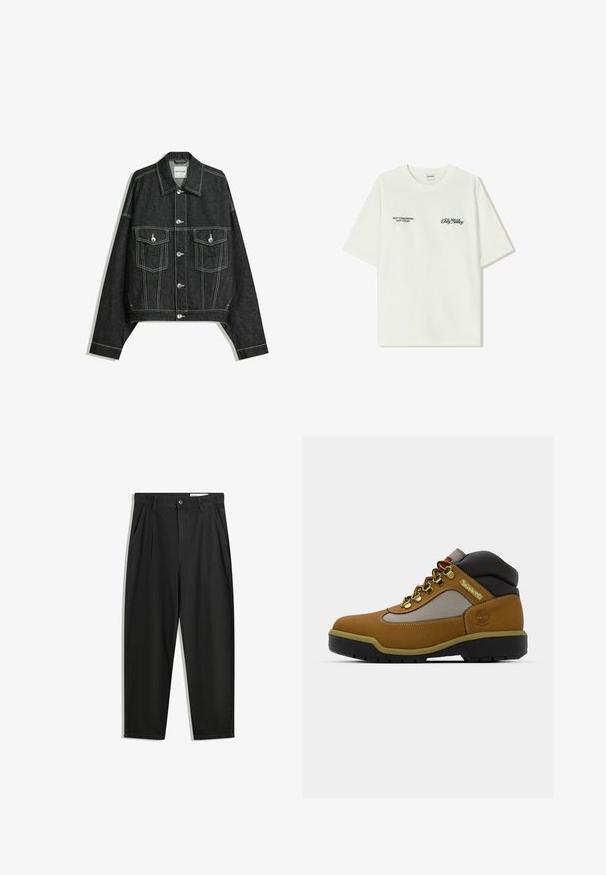 Veste en denim foncé avec une coupe courte, des coutures blanches contrastantes, deux poches poitrine et des boutons-pression en argent à l'avant.; T-shirt en coton blanc à manches courtes. Le devant présente un texte noir : « PAS DEMAIN PAS AUJOURD'HUI » et « L'ART DU DIRT NOVING » en écriture verte.; Pantalon en coton noir avec une coupe décontractée, dotés d'une taille classique, de plis à l'avant et de poches latérales. Texture lisse sans motifs.; Botte de randonnée marron avec des accents gris et noirs, tige en cuir texturé, œillets en métal et semelle en caoutchouc robuste pour une meilleure traction.