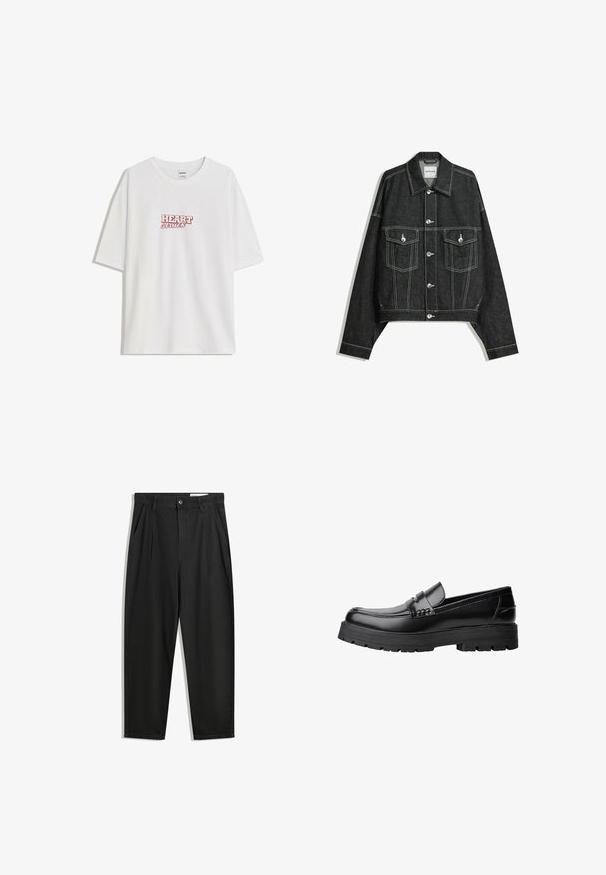Tamno plavi traper jakna s krojem koji je kraći, kontrastnim bijelim šavovima, dvije prednje džepove na prsima i srebrnim kopčama s dugmadi sprijeda.; Bijela pamučna majica s opuštenim krojem koja ima crveni natpis "HEART struck" u centru na prsima. S kraticom rukavima i okruglim izrezom.; Crne pamučne hlače s opuštenim krojem, s klasičnim pojasom, prednjim nabranjima i bočnim džepovima. Glatka tekstura bez uzoraka.; Crna kožna mokasina s debelim potplatima i dekorativnom trakom preko gornjeg dijela, prikazana u lijevom bočnom profilu na bijeloj pozadini.