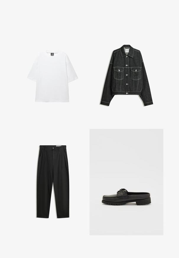 Czarna dżinsowa kurtka o skróconym kroju, kontrastowe białe szwy, dwie kieszenie na piersi oraz srebrne napy z przodu.; Biała, oversize t-shirt z krótkimi rękawami, okrągłym dekoltem i miękkiej bawełnianej tkaniny. Posiada czarną metkę na dekolcie. Bez wzorów ani akcentów.; Czarne bawełniane spodnie o luźnym kroju, z klasycznym pasem, przednimi plisy oraz bocznymi kieszeniami. Gładka struktura, bez wzorów.; Czarne skórzane buty wsuwane z detalami w postaci sznurków, okrągłym noskiem i teksturowaną podeszwą. Posiadają lekko podwyższony obcas i gładkie wykończenie.
