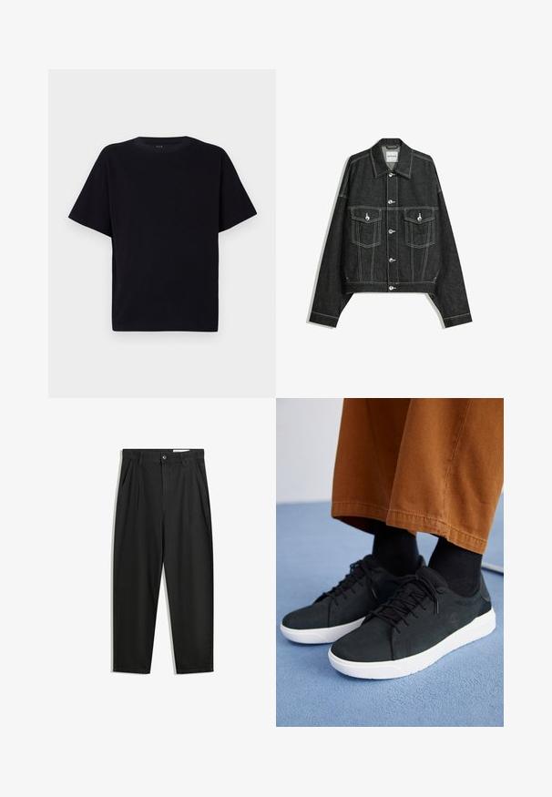 Tmavě modrá denimová bunda s krátkým střihem, kontrastním bílým prošíváním, dvěma náprsními kapsami a stříbrnými druky vpředu.; Černé tričko s krátkými rukávy a kulatým výstřihem. Vyrobeno z měkké látky, s volným střihem a bez viditelných vzorů nebo akcentů.; Černé bavlněné kalhoty s uvolněným střihem, klasickým pasem, předními záhyby a bočními kapsami. Hladká textura bez vzorů.; Černé semišové tenisky s bílými gumovými podešvemi, s šněrovacím designem, texturovanými detaily a jemným logem, spárované s hnědými kalhotami.