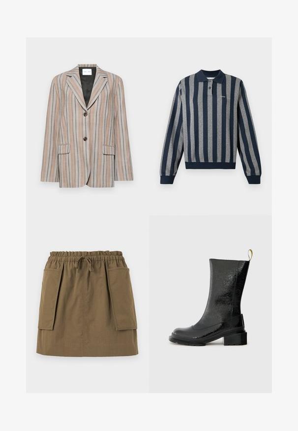 Striped blazer in beige and blue tones, featuring a notched lapel, two front pockets, and two-button closure. Textured fabric with a smooth lining.; Long-sleeve polo shirt with navy and gray vertical stripes, featuring a collar, button placket, and ribbed hem and cuffs.; Olive green, knee-length skirt with an elastic waistband, drawstring, and two large side pockets. Made from lightweight fabric with visible seams.; Black ankle boot made from shiny, textured material. Features a chunky heel and a pull tab at the back for easy wear.