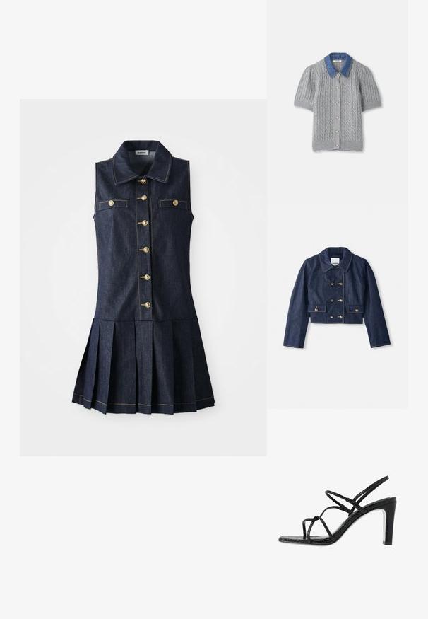 Jeansjakke med kort lengde, spiss krage, dobbel konklusion med gullknapper og to frontlommer. Har kontrasterende søm.; Jeanskjole med krage, uten ermer, gullknapper foran, to brystlommer og plisserte skjørt i mørkeblått stoff.; Grå strikket kortermet cardigan med kabelmønster, med en denimkrage og fem gullknapper foran.; Svarte hæler med tynne stropper, teksturert finish, åpen tå og et glatt, spisst hældesign. Har en myk innersåle og en blank overflate.