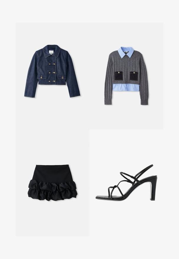 Farmert vívetett cropped dzseki hegyes gallérral, dupla gombos arany gombzárral és két elülső zsebbel. Kontrasztos varrással készül.; Szürke bordás pulóver, alatta világoskék galléros inggel, két elülső zsebbel, sötétkék részletekkel és gombos díszítéssel.; Fekete mini szoknya, amely illeszkedő topból készült, és alján három réteg fodros anyag található, sima textúrával és tiszta vonalakkal.; Fekete magassarkú szandál vékony pántokkal, texturált felsőrésszel, nyitott orral és karcsú, hegyes sarkú kialakítással. Simább talpbélével és fényes felületével rendelkezik.