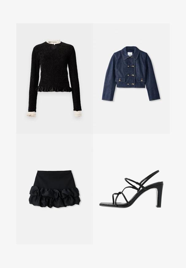 Veste en denim cropped avec un col pointu, fermeture à double boutonnage avec des boutons dorés, et deux poches avant. Présente des coutures contrastées.; Haut à manches longues noir en tissu texturé, avec un ourlet à volants et des accents de volants blancs au col et aux poignets. Il dispose d'une fermeture centrale en boucle.; Mini-jupe noire avec un haut ajusté et trois couches de tissu froncé en bas, avec une texture lisse et des lignes épurées.; Sandales noires à talons avec des fines lanières, une finition texturée, bout ouvert et un design de talon pointu et élégant. Équipées d'une semelle intérieure lisse et d'une surface brillante.