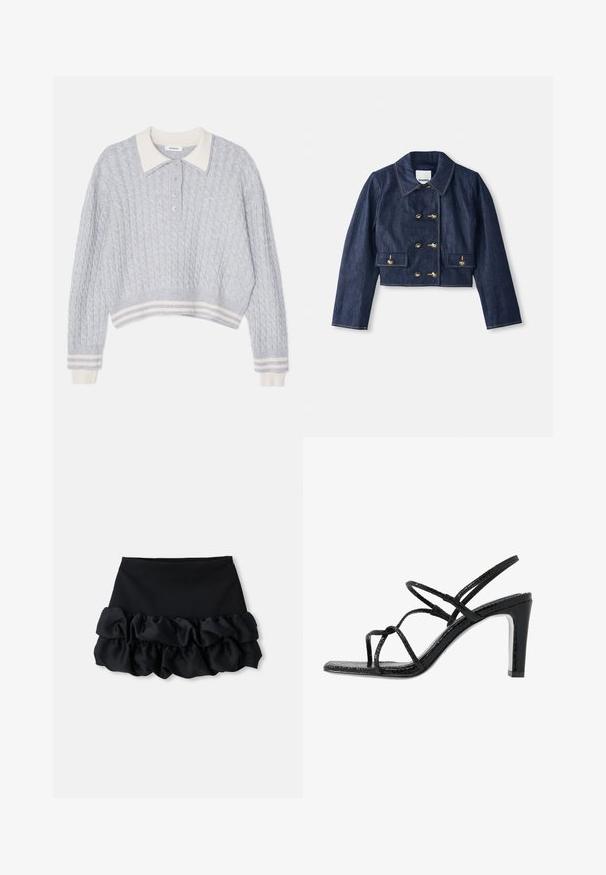 Jeansjacke in Cropped-Form mit spitzem Kragen, doppelreihiger Goldknopfverschluss und zwei Fronttaschen. Mit kontrastierenden Nähten.; Hellgrauer Kabelstrick-Pullover mit einem weißen Kragen, Knopfleiste und gestreiften Bündchen und Saum.; Schwarzer Minirock mit tailliertem Oberteil und drei Lagen aus gerafftem Stoff am Saum, mit glatter Textur und klaren Linien.; Schwarze Absatzsandalen mit dünnen Riemen, strukturiertem Finish, offener Zehenpartie und einem eleganten, spitzen Absatzdesign. Verfügt über eine glatte Innensohle und eine glänzende Oberfläche.