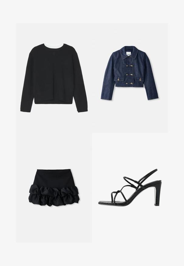 Džínová zkrácená bunda s špičatým límcem, dvojitým zapínáním na zlaté knoflíky a dvěma předními kapsami. Obsahuje kontrastní švy.; Černá mikina s dlouhými rukávy, kulatým výstřihem a mírně zkráceným spodním lemem. Vyrobena z měkkého materiálu, s jemným logem na přední straně.; Černá mini sukně s upnutým topem a třemi vrstvami volánkového materiálu na spodní části, s hladkou texturou a čistými liniemi.; Černé sandály na podpatku s tenkými pásky, strukturovaným povrchem, otevřenou špičkou a elegantním, špičatým designem podpatku. Obsahují hladkou stélku a lesklý povrch.