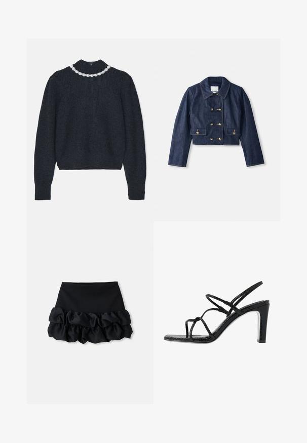 Jeansjakke med kort lengde, spiss krage, dobbel konklusion med gullknapper og to frontlommer. Har kontrasterende søm.; Mørkeblå ribbestrikket genser med lange ermer og høy hals, dekorert med en hvit perleblomst halskjede detalj ved kragen.; Svart mini-skjørt med et tettsittende topp og tre lag med volanger nederst, med en jevn tekstur og rene linjer.; Svarte hæler med tynne stropper, teksturert finish, åpen tå og et glatt, spisst hældesign. Har en myk innersåle og en blank overflate.