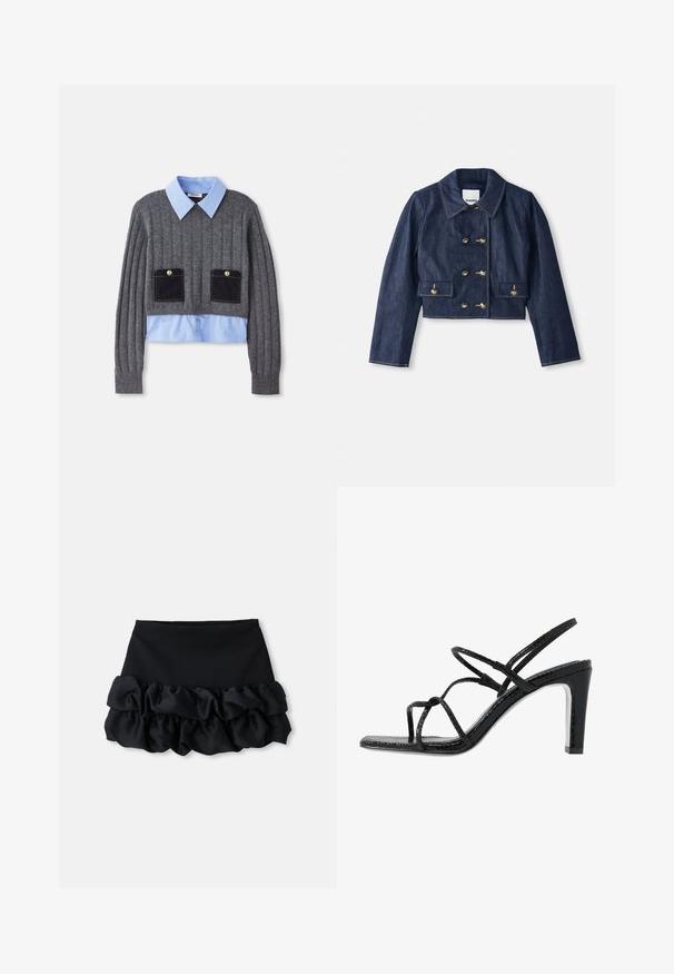 Denimo trumpas švarkas su smailiu apykakle, dvigubų auksinių sagų užtrauktuku ir dviem priekiniuose kišenėse. Yra kontrastingos siūlės.; Pilkos, raukšlėtos megztinio su šviesiai mėlynu marškinėlių apykakle, turinčio dvi priekines kišenes su tamsiai mėlynais akcentais ir mygtukų detalėmis.; Juoda mini sijonas su prigludusia viršutine dalimi ir trimis raukšlėto audinio sluoksniais apačioje, su lygiu paviršiumi ir švariais kontūrais.; Juodi aukšti sandalai su plonomis dirželėmis, tekstūruotu paviršiumi, atvira kojų pirštų dalimi ir elegantišku, smailiu kulnu. Yra lygus įdėklas ir blizgus paviršius.