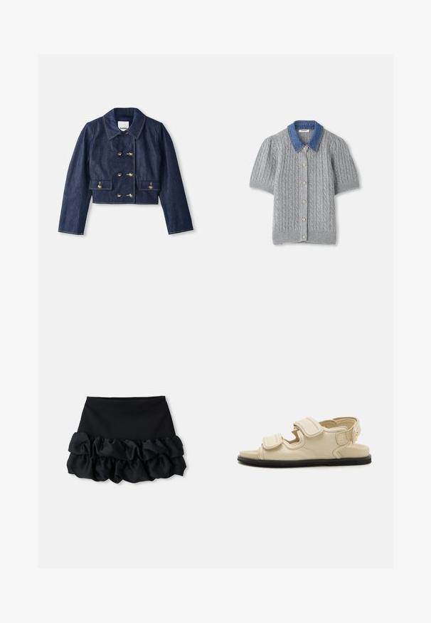 Denim krakots žakets ar norādītu apkakli, divrindu zelta pogu aizdari un divām priekšējām kabatām. Iezīmē kontrastējoša šūšana.; Pelēks adīts īsām piedurknēm kardigans ar stīgas rakstu, ar džinsa apkakli un pieciem zelta pogām priekšpusē.; Melnā mini svārki ar piegulīgu augšu un trim ruffles slāņiem apakšā, ar gludu tekstūru un tīrām līnijām.; Beige ādas sandeļi ar divām regulējamām Velcro jostām, slēgtu pirkstu un melnu gumijas zoli. Ievērojama minimālistiska dizaina un atvērta aizmugure.