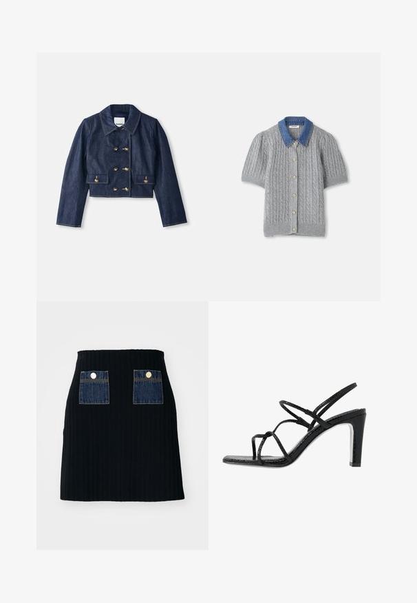 Jeansjakke med kort lengde, spiss krage, dobbel konklusion med gullknapper og to frontlommer. Har kontrasterende søm.; Grå strikket kortermet cardigan med kabelmønster, med en denimkrage og fem gullknapper foran.; Svart ribbet mini skjørt med en tettsittende midje, med to lommer i blå denim på forsiden som har sølvfargede knappeakenter.; Svarte hæler med tynne stropper, teksturert finish, åpen tå og et glatt, spisst hældesign. Har en myk innersåle og en blank overflate.