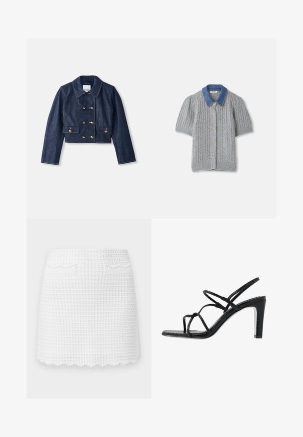 Veste en denim cropped avec un col pointu, fermeture à double boutonnage avec des boutons dorés, et deux poches avant. Présente des coutures contrastées.; Cardigan gris en tricot à manches courtes avec un motif en treillis, doté d'un col en denim et de cinq boutons dorés sur le devant.; sandro JUPE MAILLE MINI POINT FANTAISIE - Minijupe - blanc; Sandales noires à talons avec des fines lanières, une finition texturée, bout ouvert et un design de talon pointu et élégant. Équipées d'une semelle intérieure lisse et d'une surface brillante.