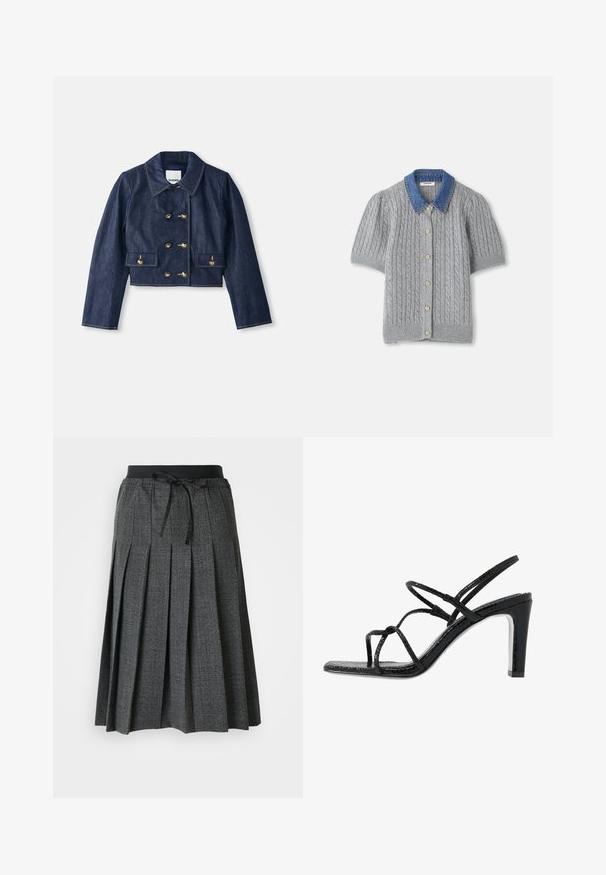 Veste en denim cropped avec un col pointu, fermeture à double boutonnage avec des boutons dorés, et deux poches avant. Présente des coutures contrastées.; Cardigan gris en tricot à manches courtes avec un motif en treillis, doté d'un col en denim et de cinq boutons dorés sur le devant.; Jupe plissée grise avec un motif à carreaux texturé, dotée d'une taille élastique noire et d'un détail de nœud décoratif à l'avant.; Sandales noires à talons avec des fines lanières, une finition texturée, bout ouvert et un design de talon pointu et élégant. Équipées d'une semelle intérieure lisse et d'une surface brillante.