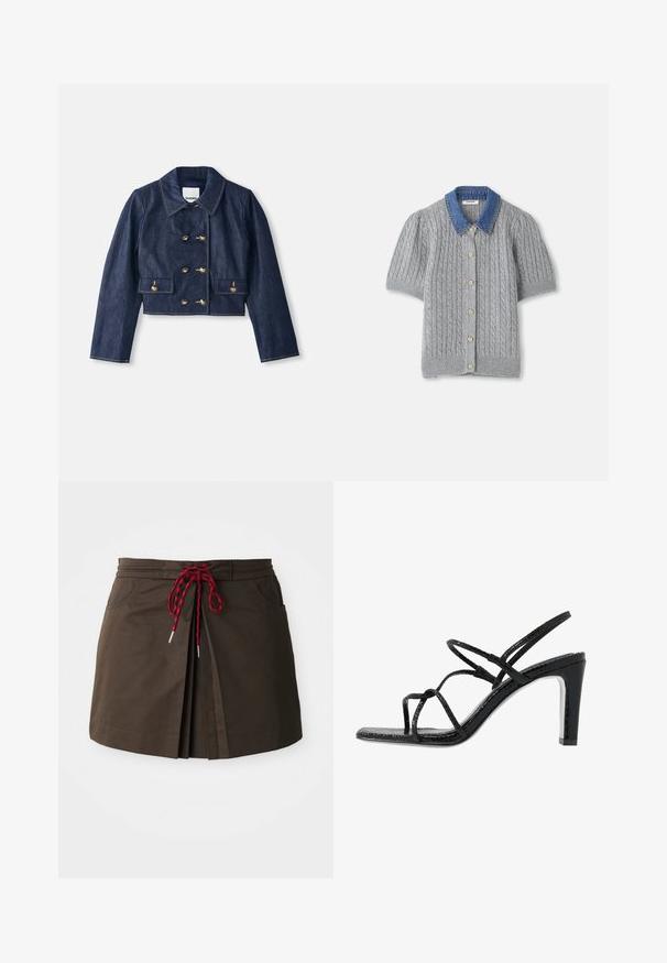 Farmert vívetett cropped dzseki hegyes gallérral, dupla gombos arany gombzárral és két elülső zsebbel. Kontrasztos varrással készül.; Szürke kötött rövid ujjú kardigán, kábelmintával, denevérszárnyú gallérral és öt arany gombbal az elején.; Barna anyagú, pliszírozott szabású szoknya, vörös és fekete húzózsinórral a derékrészen és két elülső zsebbel. Egyszerű és funkcionális stílus.; Fekete magassarkú szandál vékony pántokkal, texturált felsőrésszel, nyitott orral és karcsú, hegyes sarkú kialakítással. Simább talpbélével és fényes felületével rendelkezik.